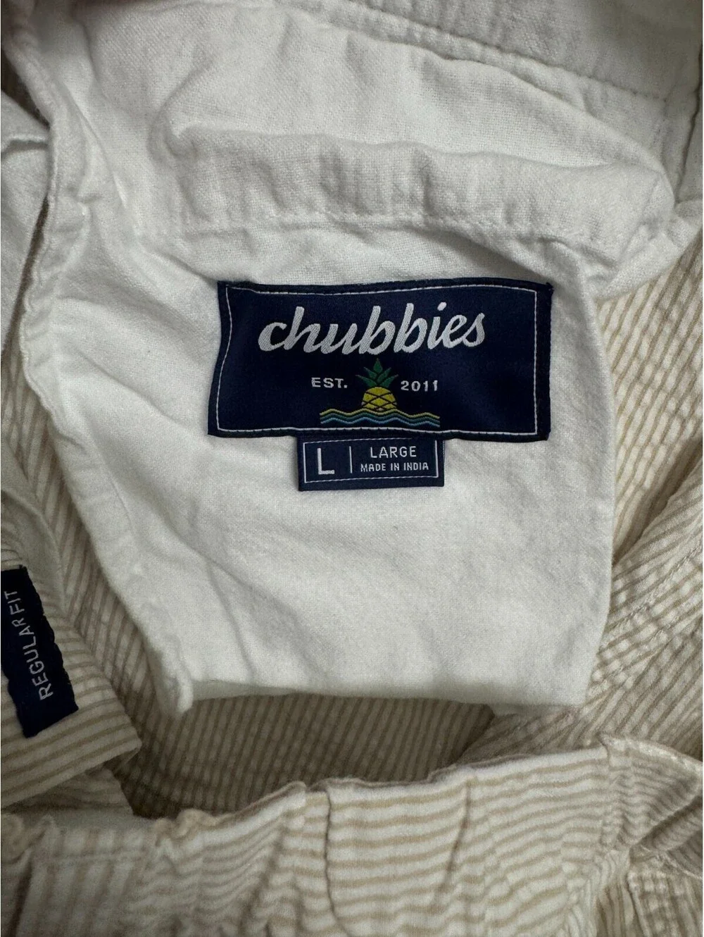 Chubbies Mens Large Seersucker Shorts Tan White Striped Regular Fit 7 Inch